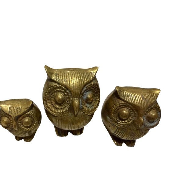 Brass Owl Set of 3 Figurines 3" 2.5" 2" Decorative MCM Vintage - Picture 5 of 11